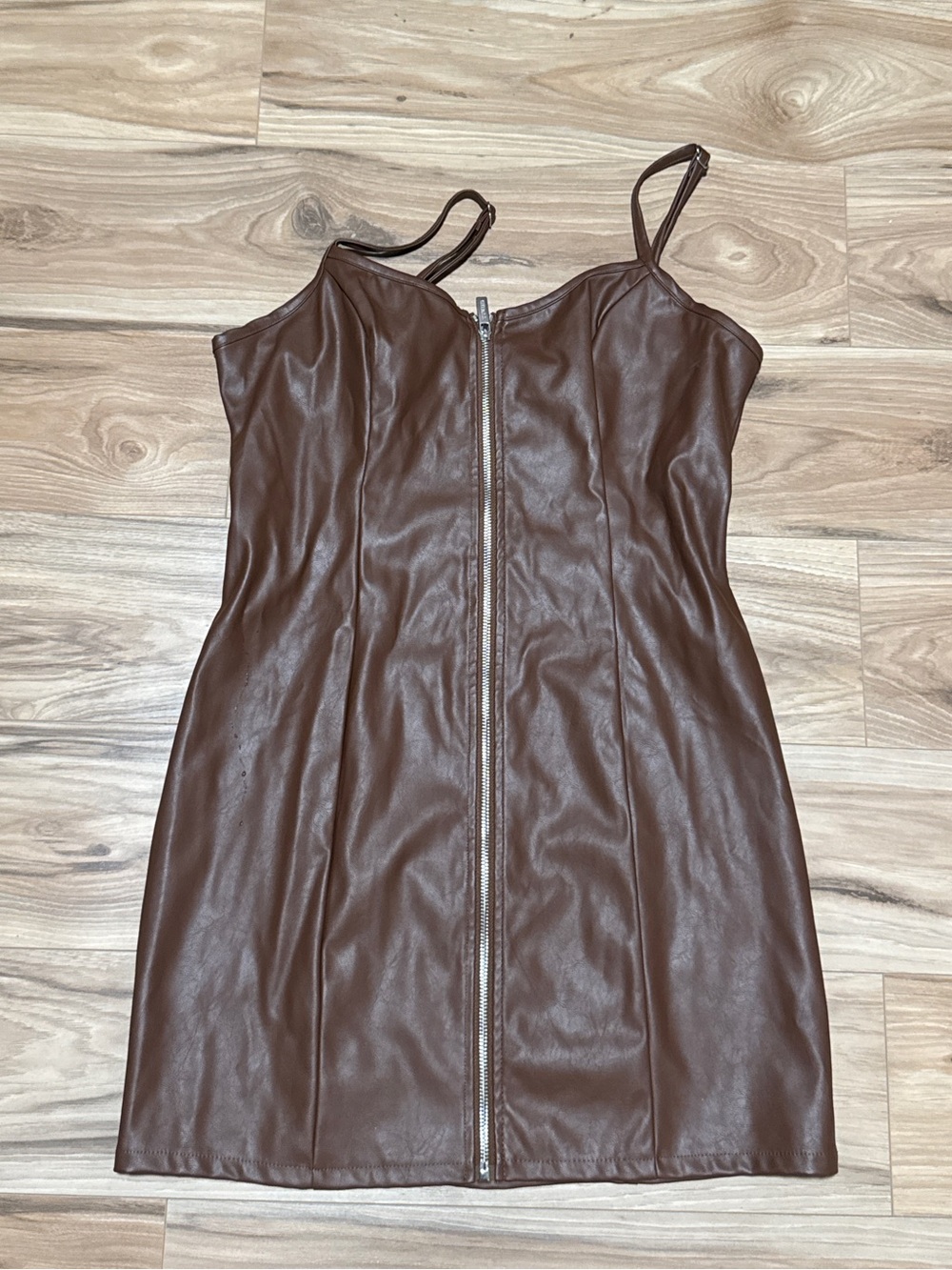 Guess Brown Faux Leather Zip-Front Mini Dress